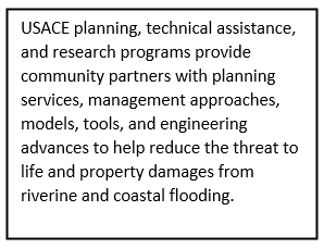 USACE planning, technical assistance, and research programs provide community partners with planning services, management approaches, models, tools, and engineering advances to help reduce the threat to life and property damages from riverine and coastal flooding.